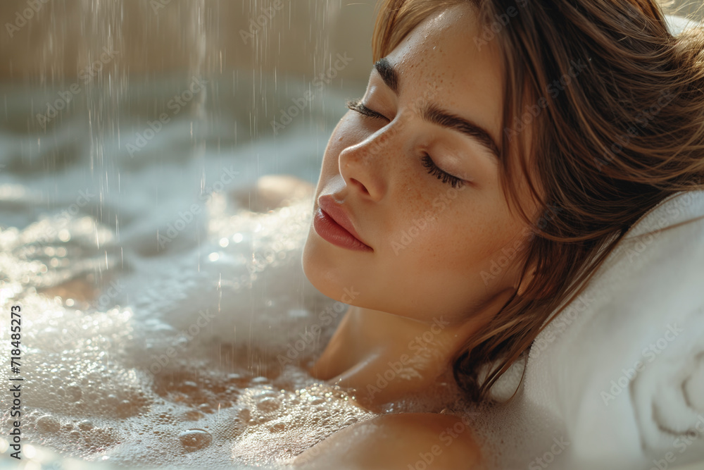 Woman relaxing in bathtub of spa and beauty salon.