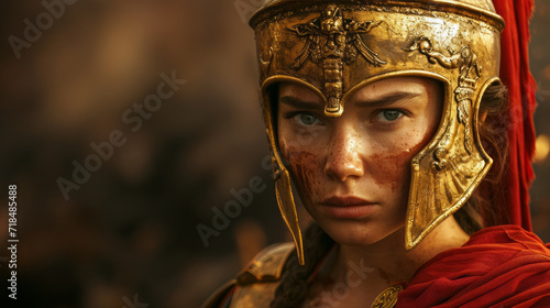 Ancient Rome, female roman warrior with golden helmet. © NorLife