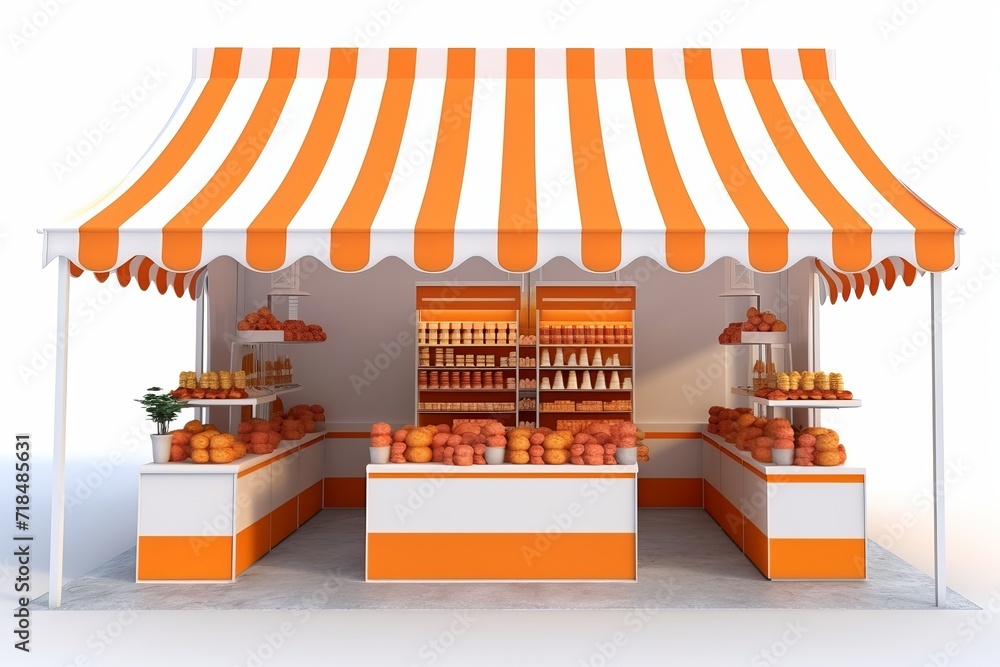 Striking Orange and White Striped Awning Market Stall, Brimming with Exotic Spices, on an Isolated White Canvas, Generative AI