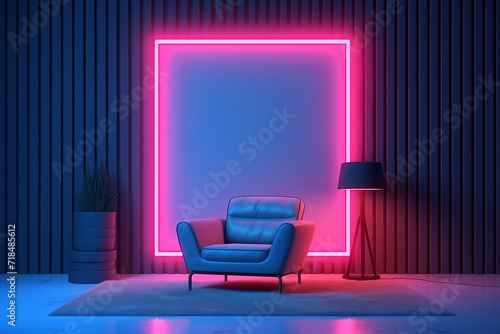aesthetic room with glowing neon square backdrop and sofa