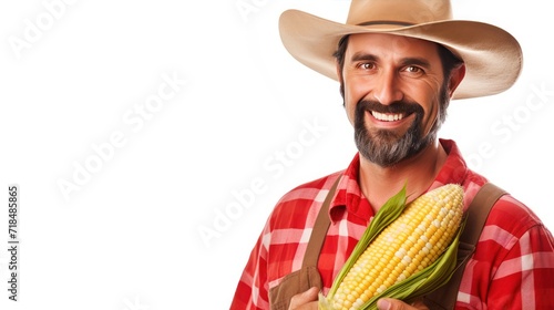 Agriculture, confident farmer holding big fresh corn, standing looking at camera, isolated on white transparent background.