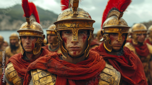 Roman warriors with helmets guarding a coastline.