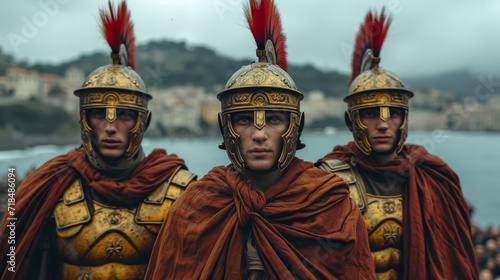 Roman warriors with helmets guarding a coastline.