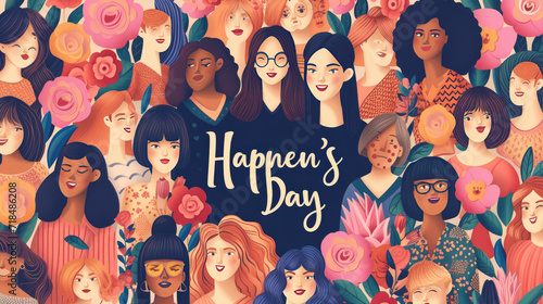 Digital artwork, Women's Day celebration theme, featuring diverse group of women, empowering, vibrant colors, elegant typography