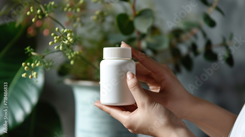 Hands holding an empty blank medicine bottle mockup with flowers natural botanical background