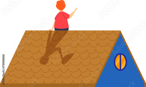 Female roofer installing shingles on a house roof. Worker on rooftop doing construction work. Roofing occupation and home renovation vector illustration.