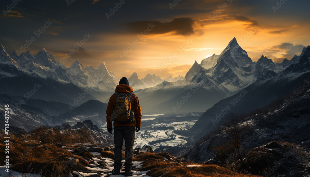 A lone hiker conquers the majestic mountain peak in autumn generated by AI - obrazy, fototapety, plakaty 