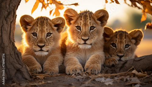 Lion family in the wild, basking in sunset golden sunlight generated by AI