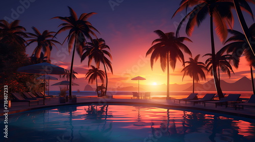 sunset at a tropical beach with water and palm, generative AI