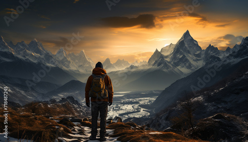 A lone hiker conquers the majestic mountain peak in autumn generated by AI