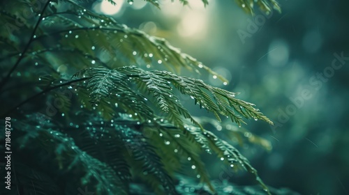 Close-up of a fern in the early overcast morning, dew, muted color, low contrast