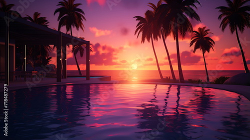 sunset at a tropical beach with water and palm, generative AI © imam