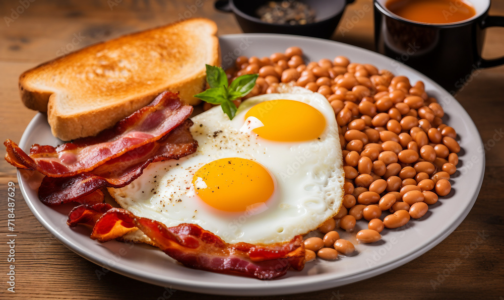 English breakfast with fried eggs, bacon and beans on wooden table. English breakfast with fried eggs, bacon and beans on wooden table.
