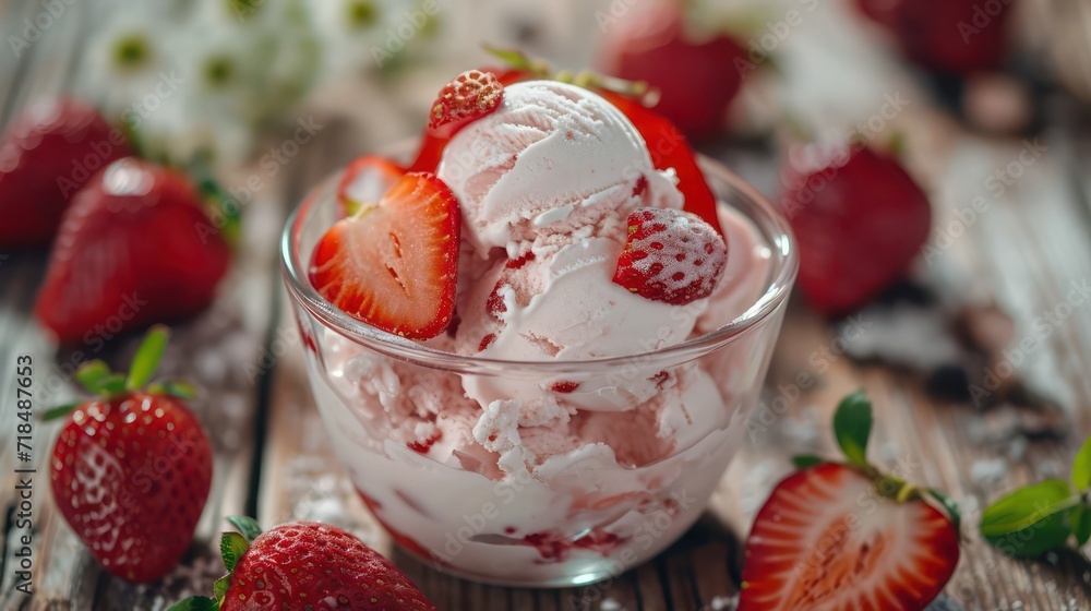 Sweet creamy ice cream with strawberries topping Sweet creamy ice cream with strawberries topping