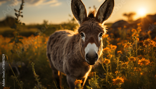 Cute donkey grazing on green meadow at sunset in summer generated by AI