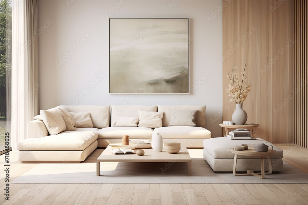 Minimalist lounge with fireplace and elegant sofa- 3D Rendering Generative AI Minimalist lounge with fireplace and elegant sofa- 3D Rendering Generative AI