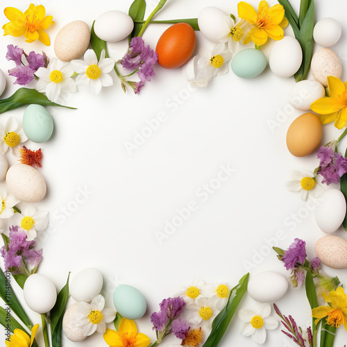 Easter eggs border. Happy Easter concept with easter eggs and flowers. Easter frame with eggs and flowers. Copy space. Greeting card.