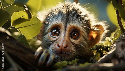 Cute small monkey sitting on branch, looking at camera in forest generated by AI © Jemastock