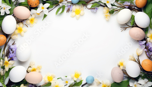 Easter eggs border. Happy Easter concept with easter eggs and flowers. Easter frame with eggs and flowers. Copy space. Greeting card.