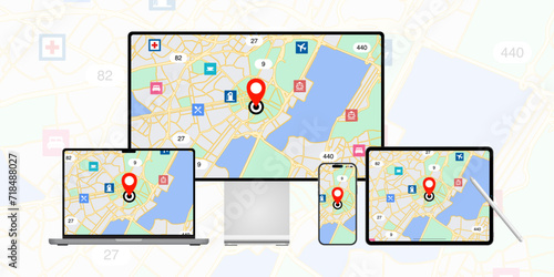 Concept of a responsive GPS navigation app and application designed for desktop computer, laptop, tablet, smartphone, and mobile phone with a GPS navigation map displayed on screen. Vector.