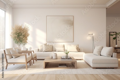 Minimalist lounge with fireplace and elegant sofa- 3D Rendering Generative AI