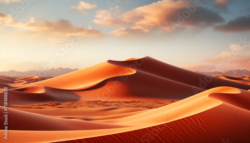 Arid landscape, majestic mountain range, striped sand dunes at sunset generated by AI