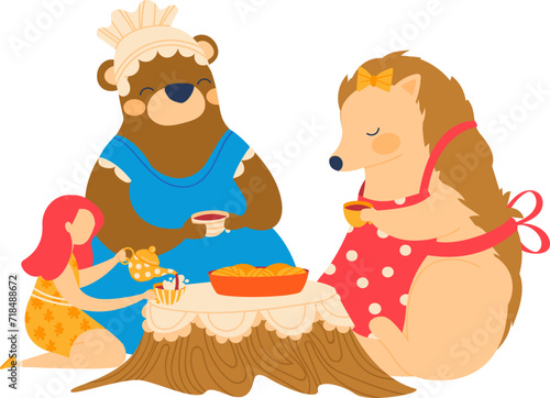 Girl, bear, and hedgehog having a picnic. Child with red hair enjoying food with cheerful animals. Friendship and sharing concept vector illustration.