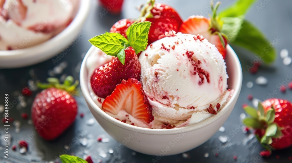 Sweet creamy ice cream with strawberries topping Sweet creamy ice cream with strawberries topping