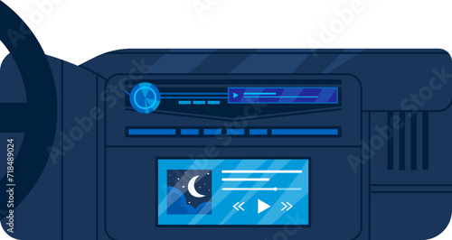 Blue futuristic car dashboard with navigation screen and indicators. Modern vehicle interior display with night view. Technology in transport vector illustration.