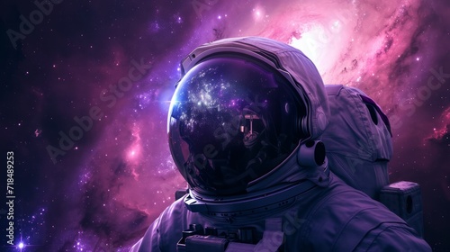 Astronaut in space with stars, a galaxy, a purple and blue nebula, and galaxies reflected in his helmet