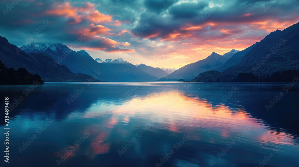 Beautiful landscape of mountains with calm lake at sunrise