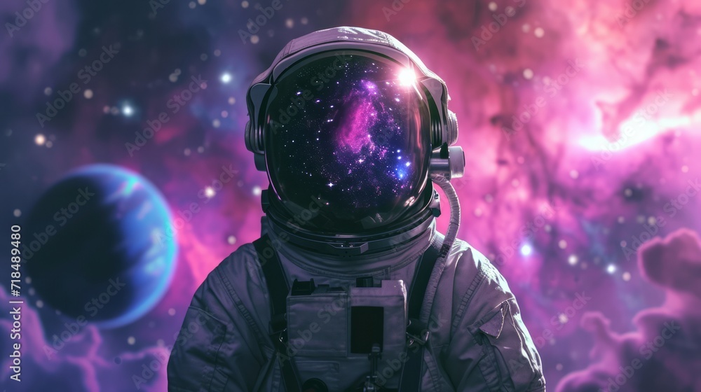 Astronaut in space with stars, a galaxy, a purple and blue nebula, and galaxies reflected in his helmet Astronaut in space with stars, a galaxy, a purple and blue nebula, and galaxies reflected in his helmet
