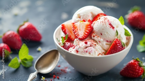 Sweet creamy ice cream with strawberries topping photo