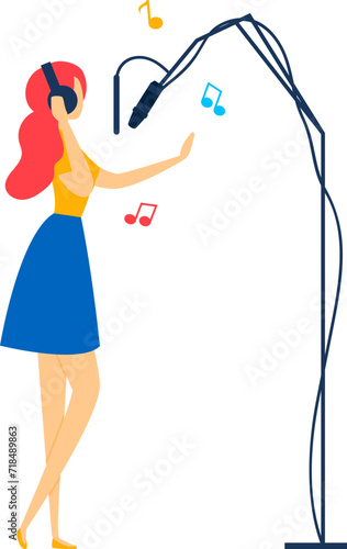 Redhead woman with headphones singing into microphone. Female artist performing music recording vector illustration.