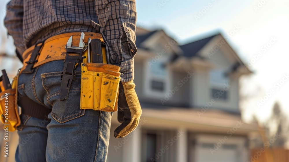 Maintenance worker with bag and tools kit wearing on waist. Maintenance worker with bag and tools kit wearing on waist.