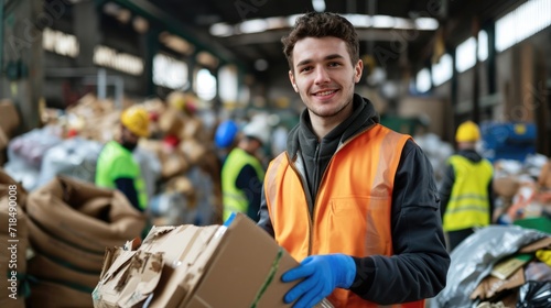 Recycling concept. Young worker in protective vest and gloves holding cardboard while working with colleagues in garbage sorting center. photo