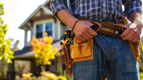 Maintenance worker with bag and tools kit wearing on waist.