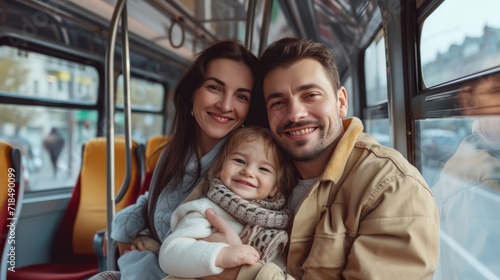 Happy family in a modern train. Family trip concept.