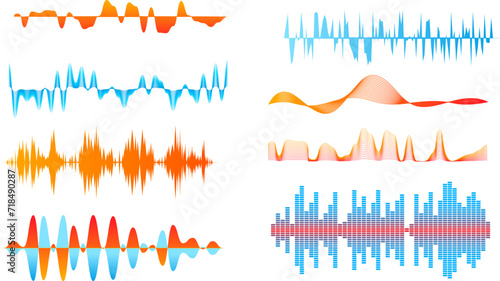 Set of colorful sound waves on white background. Audio waveforms representing sound recording, music tracks. Sound, audio visual, music production concept vector illustration.