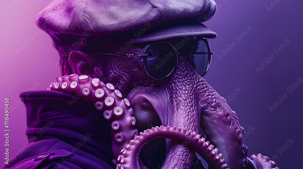 Unusual Purple Man with Octopus on Head - obrazy, fototapety, plakaty 