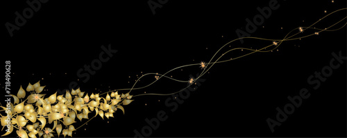 Vector art deco luxury flower, leaves, gold shine line art background. Golden botany banner. Japanese style Hand drawn vector. Line art style design. Hand drawn florals for packaging,coveand wall arts