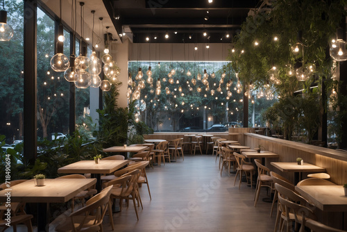 An open and natural cafe with hanging lights that can be seen from outside at night without people photo