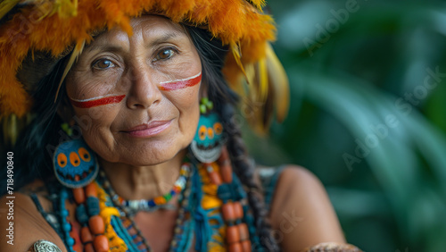 Portrait of old indigenous woman shaman, old woman belonging to indigenous ethnic group of the South American Amazon. Portrait of an indigenous face with its typical ornaments