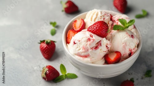 Dessert in the form of sweet creamy ice cream with strawberries topping