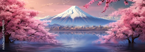 Mount Fuji with its snowy peak behind the plants and decorated cherry trees beside it. generative Ai