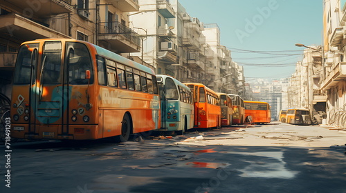 buses driving down a city street. Generate Ai