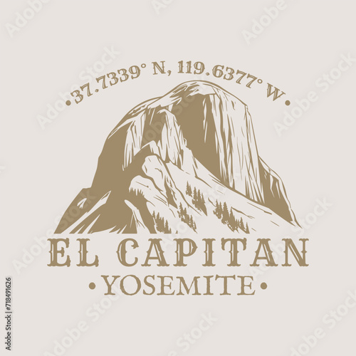El Capitan, Yosemite, California Illustration Clip Art Design Shape. National Park Vintage Icon Vector Stamp.