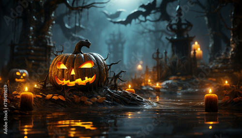 Spooky Halloween night, pumpkin lantern glows in dark forest generated by AI