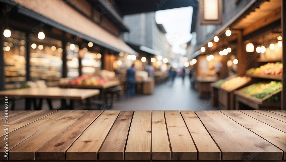 Empty Wooden Table Background Blurred Market, Wooden Table Empty Wooden Table Background Blurred Market, Wooden Table