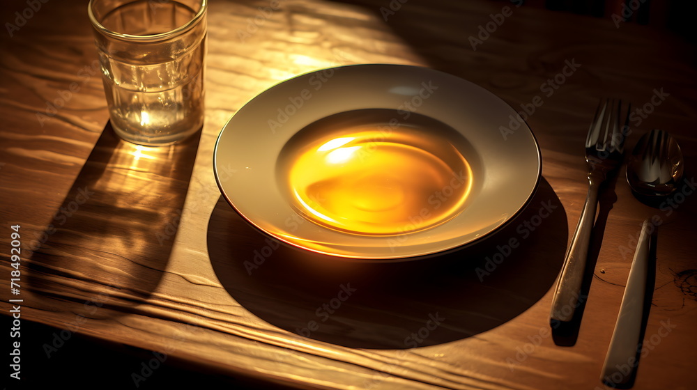 a dinner plate on a table near glasses, generative ai